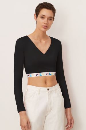 FILA Lola Wrap Front Top Shirts Black,Womens Clothing | CA.QHVCZM209